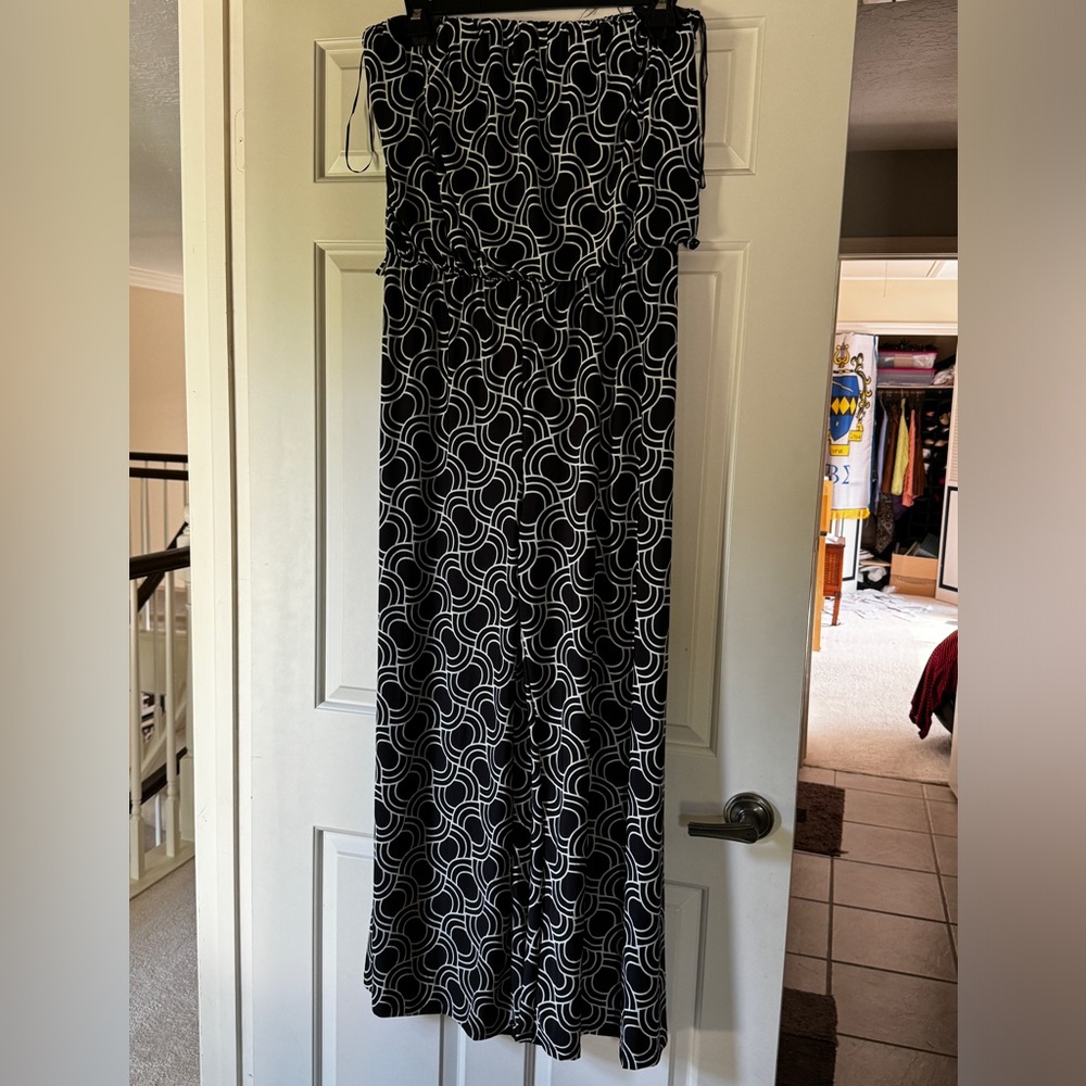 Sandiva wideleg strapless jumpsuit, black/white geo patterns, sz XL